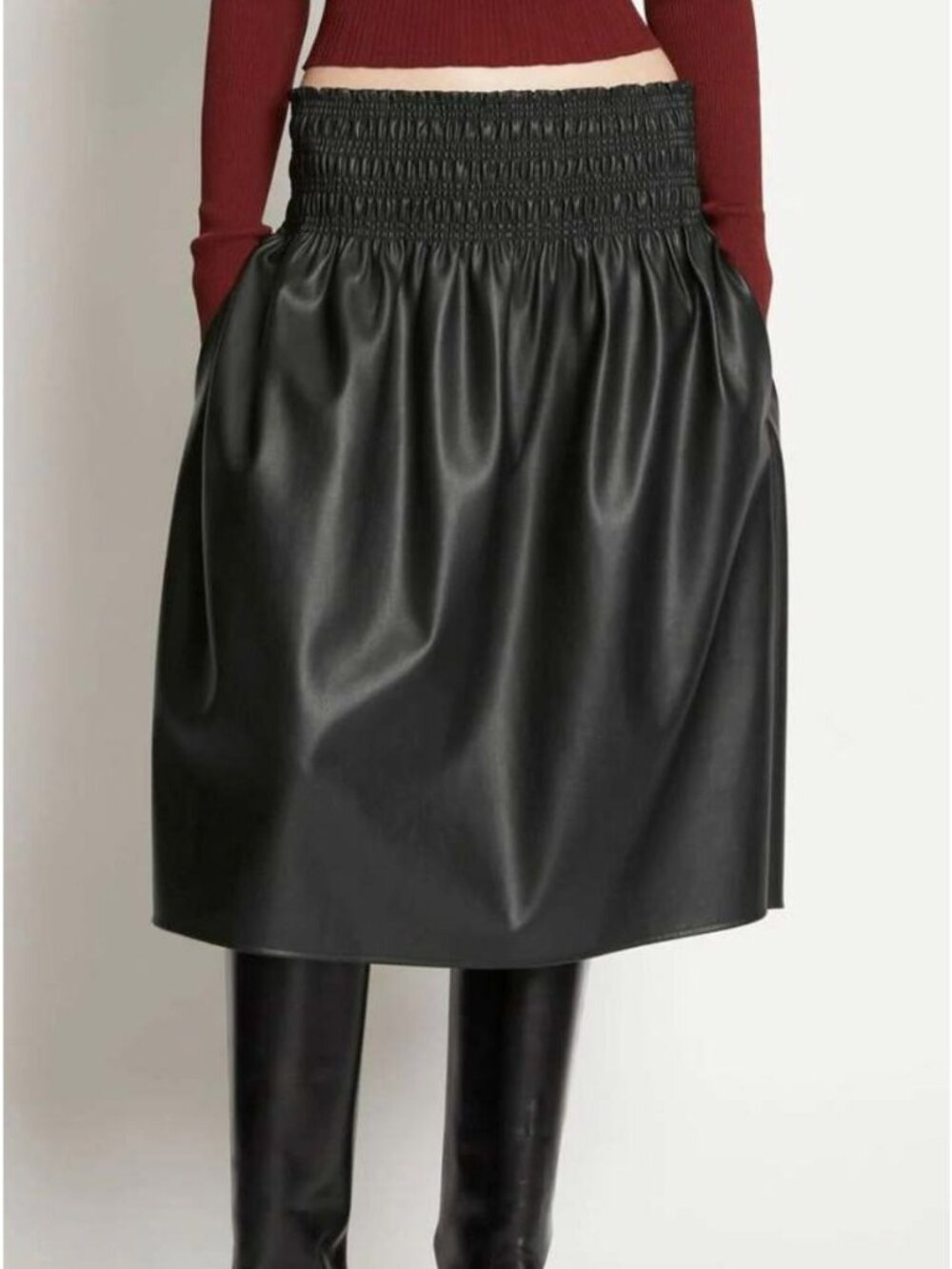 NWT Proenza Schouler Faux Vegan Leather Smocked Midi Skirt Black Size 0